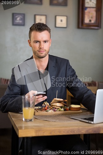 Image of Businessman With Mobilephone And Laptop Having Sandwich