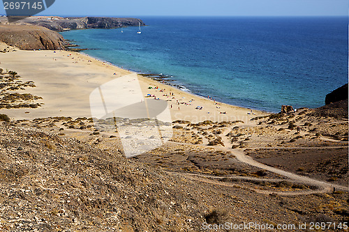 Image of in lanzarote spain rock stone  beach    spain boat yacht