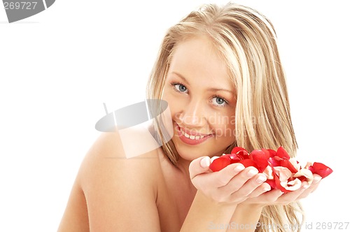 Image of lovely blond in spa with red and white rose petals #3