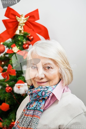 Image of Smiling Senior Woman Against Christmas Tree