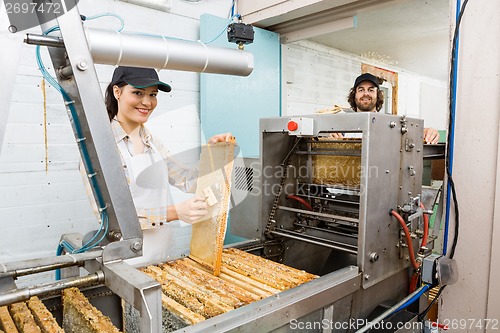 Image of Happy Beekeepers Working At Honey Extraction Plant