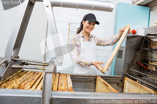 Image of Female Beekeeper Holding Honeycomb Frame