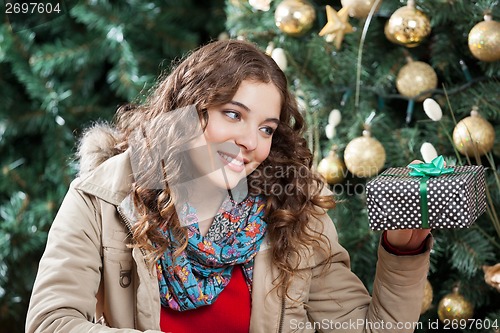 Image of Woman Looking At Present Against Christmas Tree