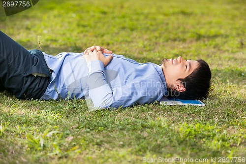 Image of Student Relaxing On Grass At University Campus