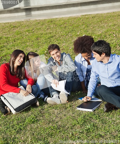 Image of Happy Man With Classmates Sitting At College Campus