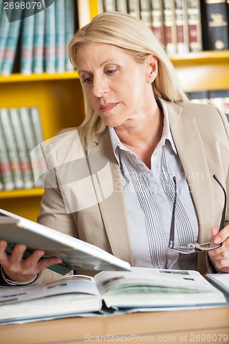 Image of Librarian Reading Book At Table In Library