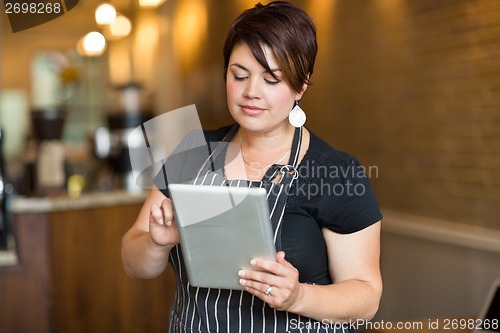 Image of Female Owner Using Digital Tablet In Cafe