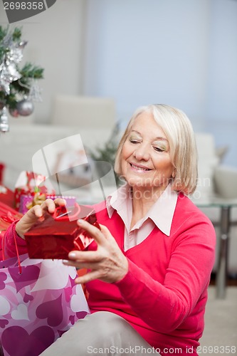 Image of Senior Woman Looking At Christmas Gift In Bag