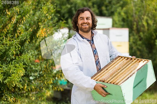 Image of Male Beekeeper Carrying Crate Full Of Honeycombs