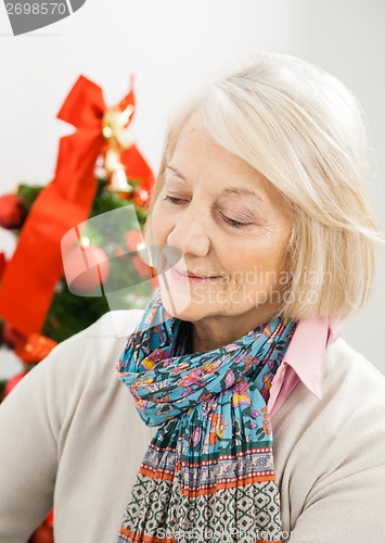 Image of Senior Woman In Front Of Christmas Tree
