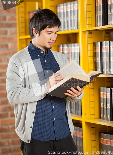 Image of Student Reading Book By Shelf In Library