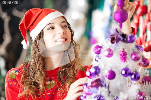 Image of Owner Smiling While Decorating Christmas Tree At Store