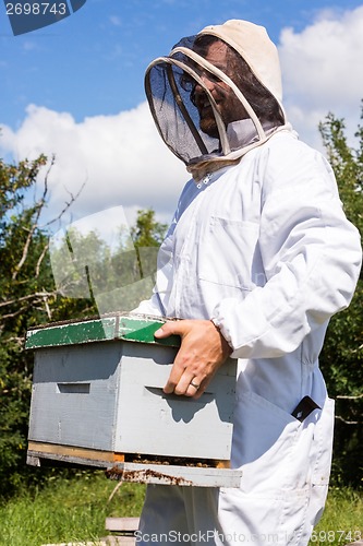 Image of Beekeeper Carrying Honeycomb Box