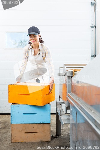 Image of Beekeeper With Stacked Honeycomb Boxes Working In Factory