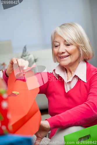 Image of Smiling Senior Woman Looking In Bag At Home