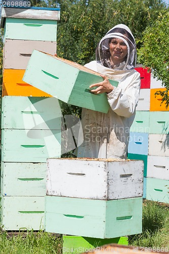 Image of Beekeeper Carrying Honeycomb Box At Apiary