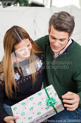 Image of Smiling Couple Looking At Christmas Gift