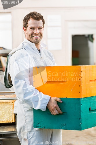 Image of Happy Male Beekeeper Carrying Stack Of Honeycomb Crates