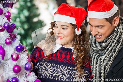 Image of Couple Looking At Christmas Tree In Store