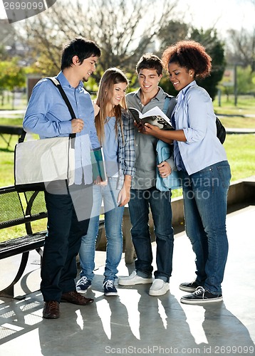 Image of Friends Reading Book Together In College Campus