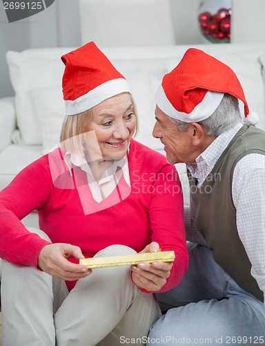 Image of Senior Woman Holding Christmas Gift Looking At Man