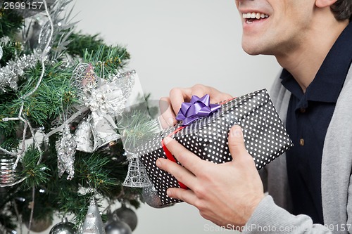 Image of Man With Present By Christmas Tree At Home