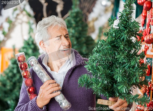 Image of Man Holding Christmas Tree And Ornaments