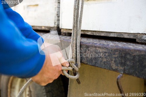 Image of Beekeeper Tying Rope To Hook Of Truck