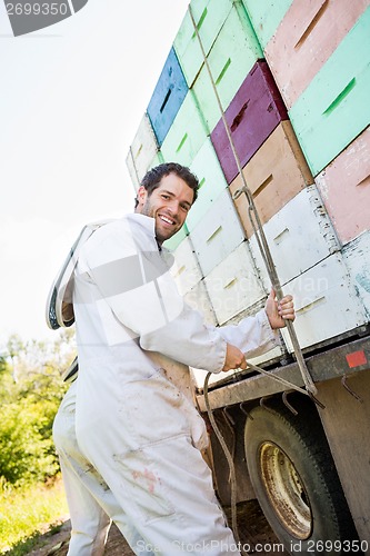 Image of Beekeeper Tying Rope Stacked Honeycomb Crates On Truck