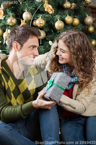 Image of Couple With Present Sitting Against Christmas Tree