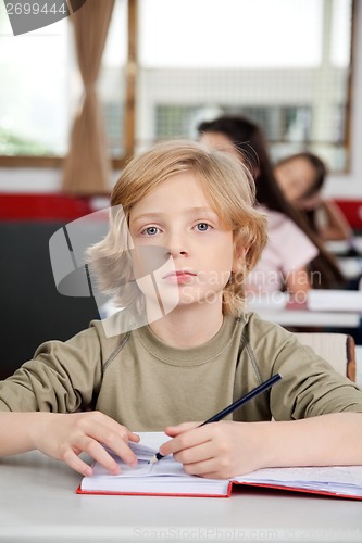 Image of Portrait Of Schoolboy Writing In Book At Desk