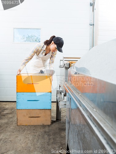 Image of Beekeeper With Stacked Honeycomb Crates In Factory