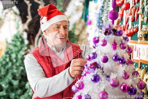 Image of Happy Male Owner Decorating Christmas Tree