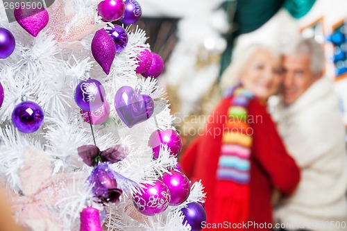 Image of Decorated Christmas Tree And Couple In Store