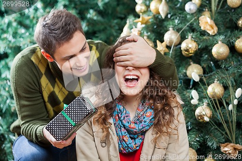 Image of Man Surprising Woman With Gift In Christmas Store
