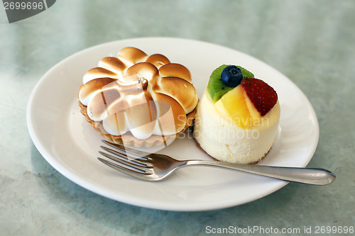 Image of Cake and fork on a plate.