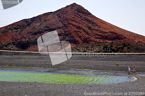 Image of people dog stone  atlantic ocean sky  water lanzarote in el golf