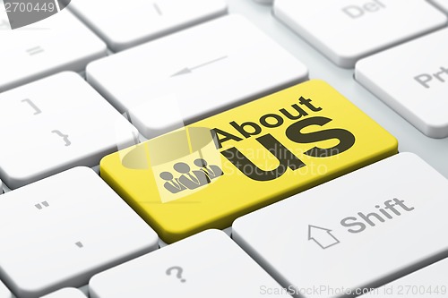 Image of Marketing concept: Business People and About Us on computer keyboard background