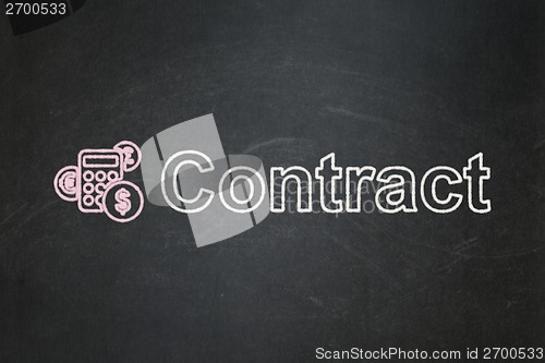 Image of Business concept: Calculator and Contract on chalkboard background