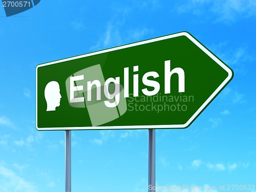 Image of Education concept: English and Head on road sign background