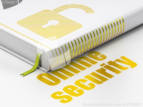 Image of Safety concept: book Opened Padlock, Online Security on white background