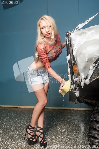 Image of Attractive woman washing car