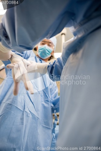 Image of Female Nurse Assisting Doctor In Wearing Glove