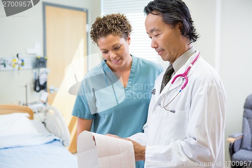 Image of Doctor And Nurse Looking At Fetal Monitor Report In Hospital