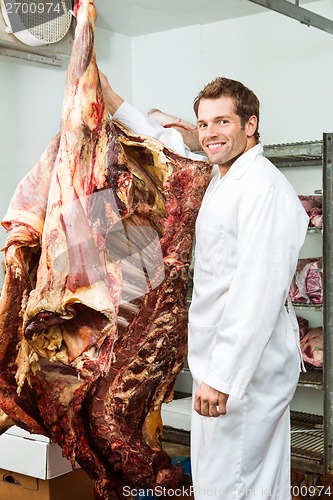Image of Butcher Standing in Cooler with Beef