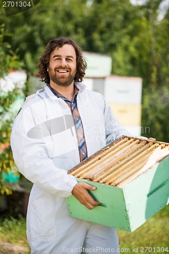 Image of Confident Beekeeper Carrying Honeycomb Crate