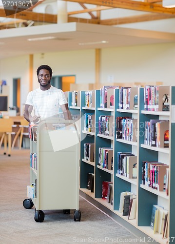 Image of Librarian With Trolley Of Books In Bookstore