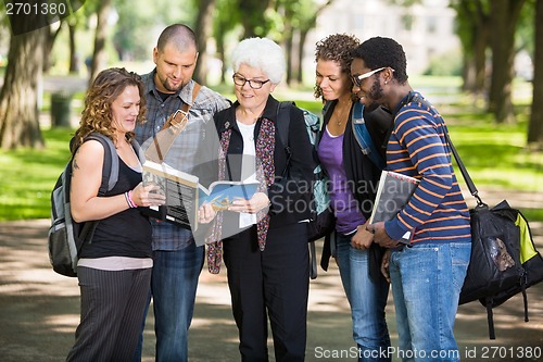 Image of Senior Student Discussing Notes With Classmates On Campus