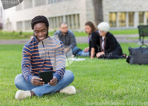 Image of Student Using Digital Tablet On Grass At Campus Park