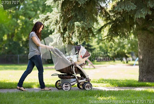 Image of Mother Pushing Baby Carriage In The Park